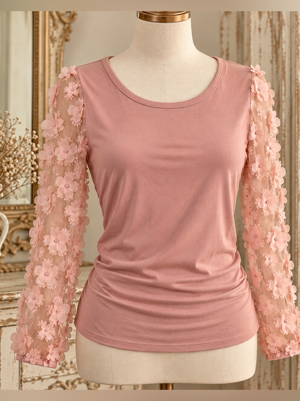 A Love Story Women's Mesh Floral Appliqué Long Sleeve Blouse Pink S NWOT